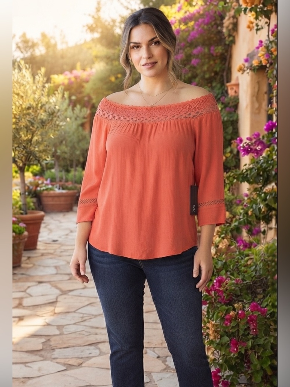AGB Women’s Orange Crochet Trim 3/4 Sleeve Blouse Size XL